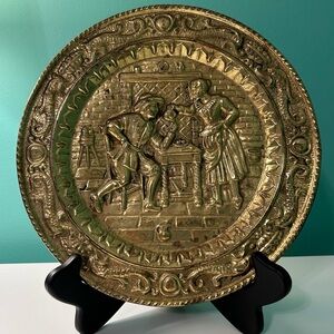 Vintage Peerage Embossed Brass Plate Wall Plaque Tavern Scene Made in England